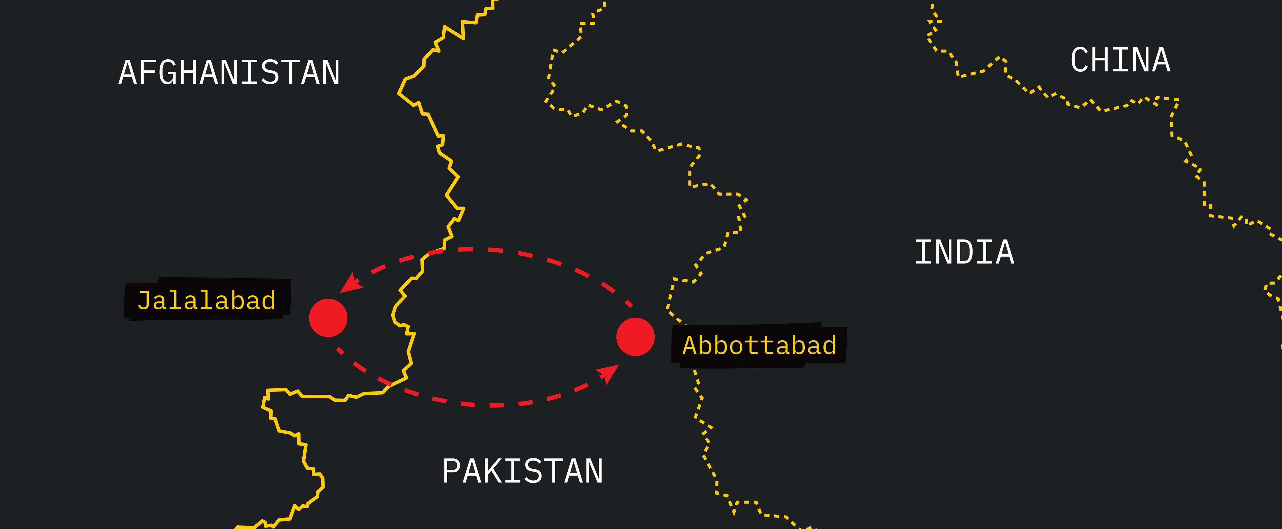 Graphic map showing dotted connection between Jalalabad in Afghanistan and Abbottabad in Pakistan. 