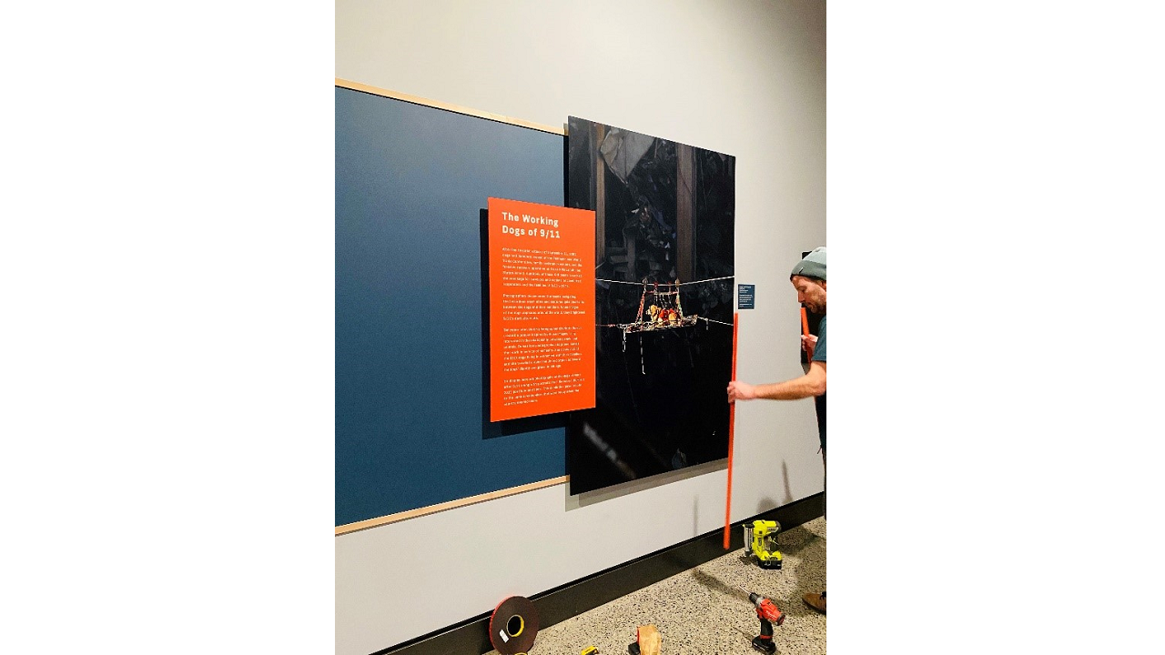 A photo of the installation of "K-9 Courage" exhibition.