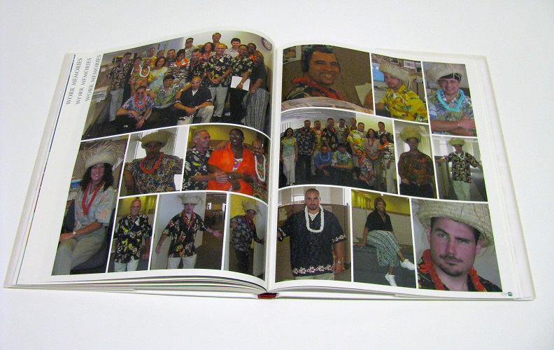 Open book filled with indiscernible images of individuals and group photos. 