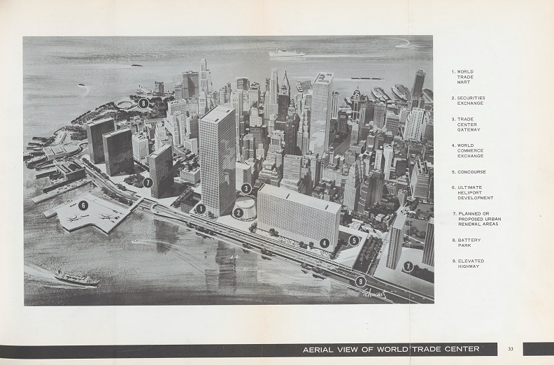 Black and white drawing of lower Manhattan at an angled aerial view from the east side. 