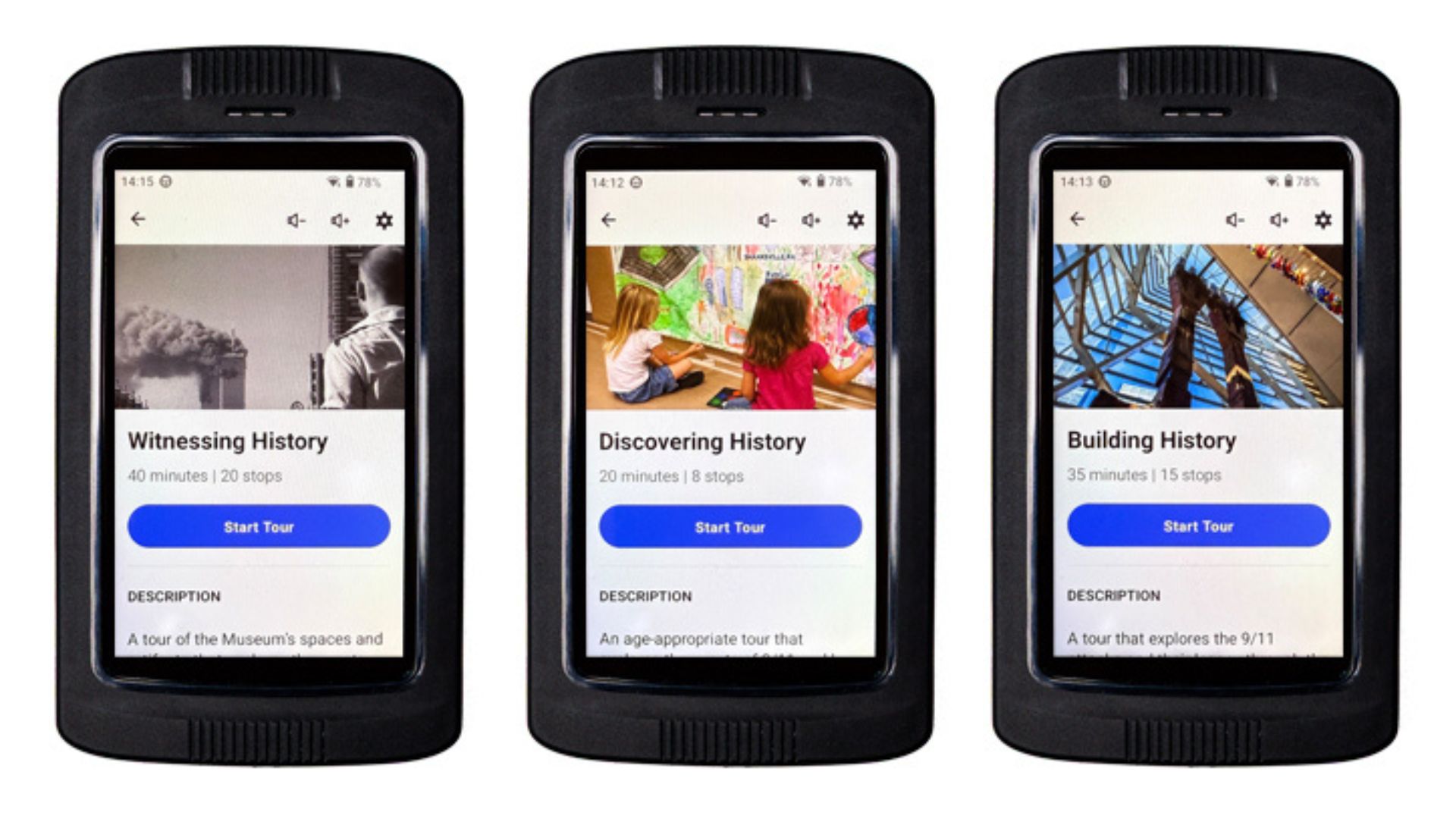 A row of audio guide devices showing the homepages of three tours, entitled, from left to right, Witnessing History, Discovering History, and Building History 