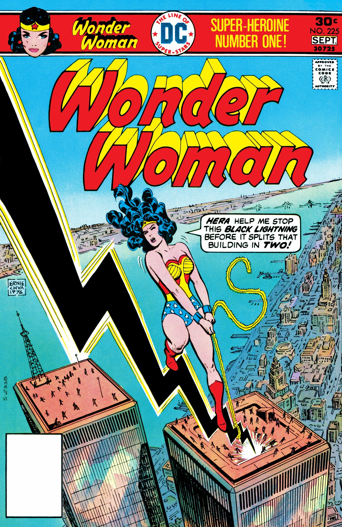 Wonder Woman is on the top of World Trade one with a bolt of electricity beside her 
