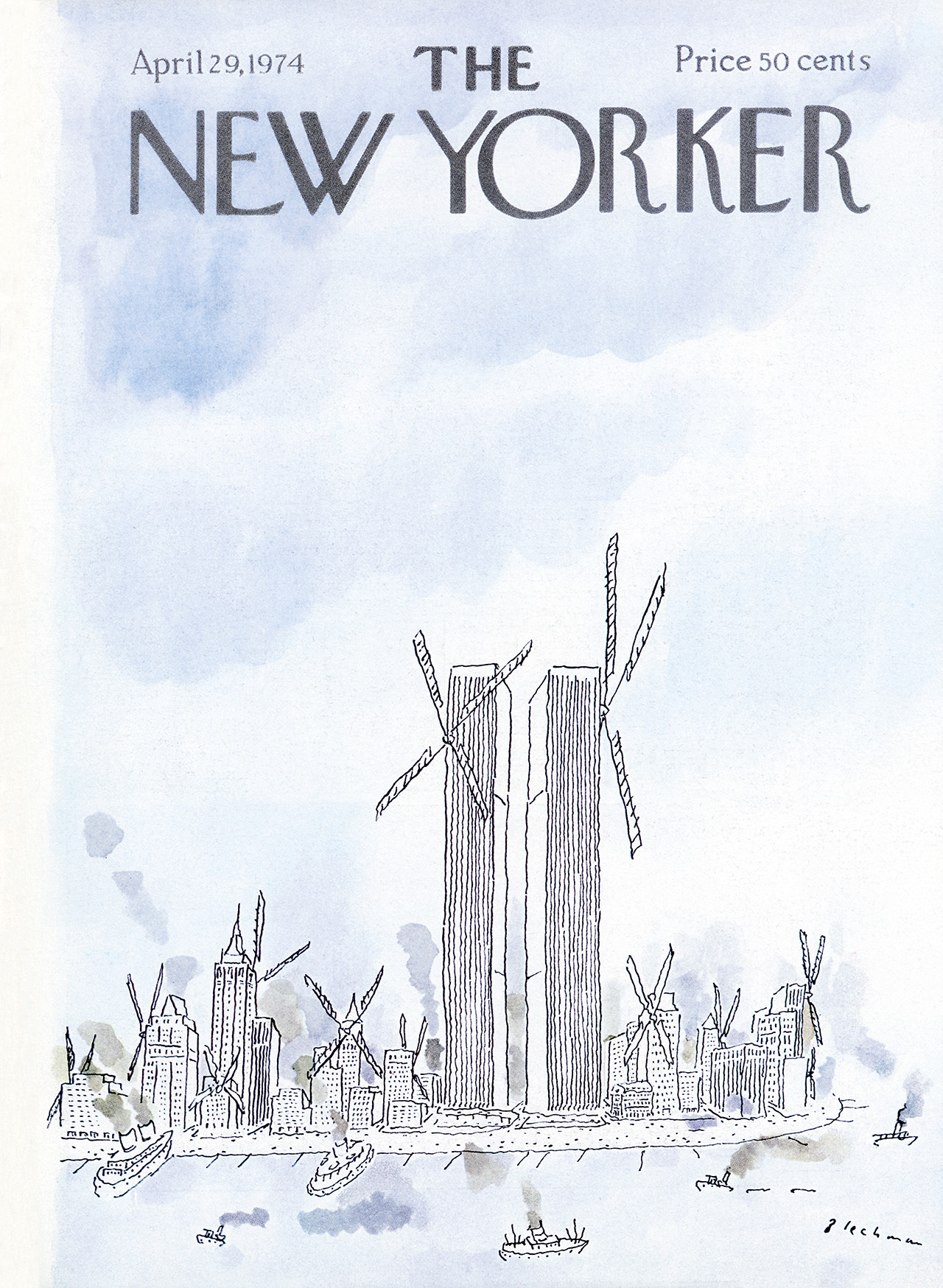 An illustrated cover of the New Yorker magazine from 1974 depicts the Twin Towers and other buildings on the Manhattan skyline as windmills, a reference to New York’s Dutch origins.