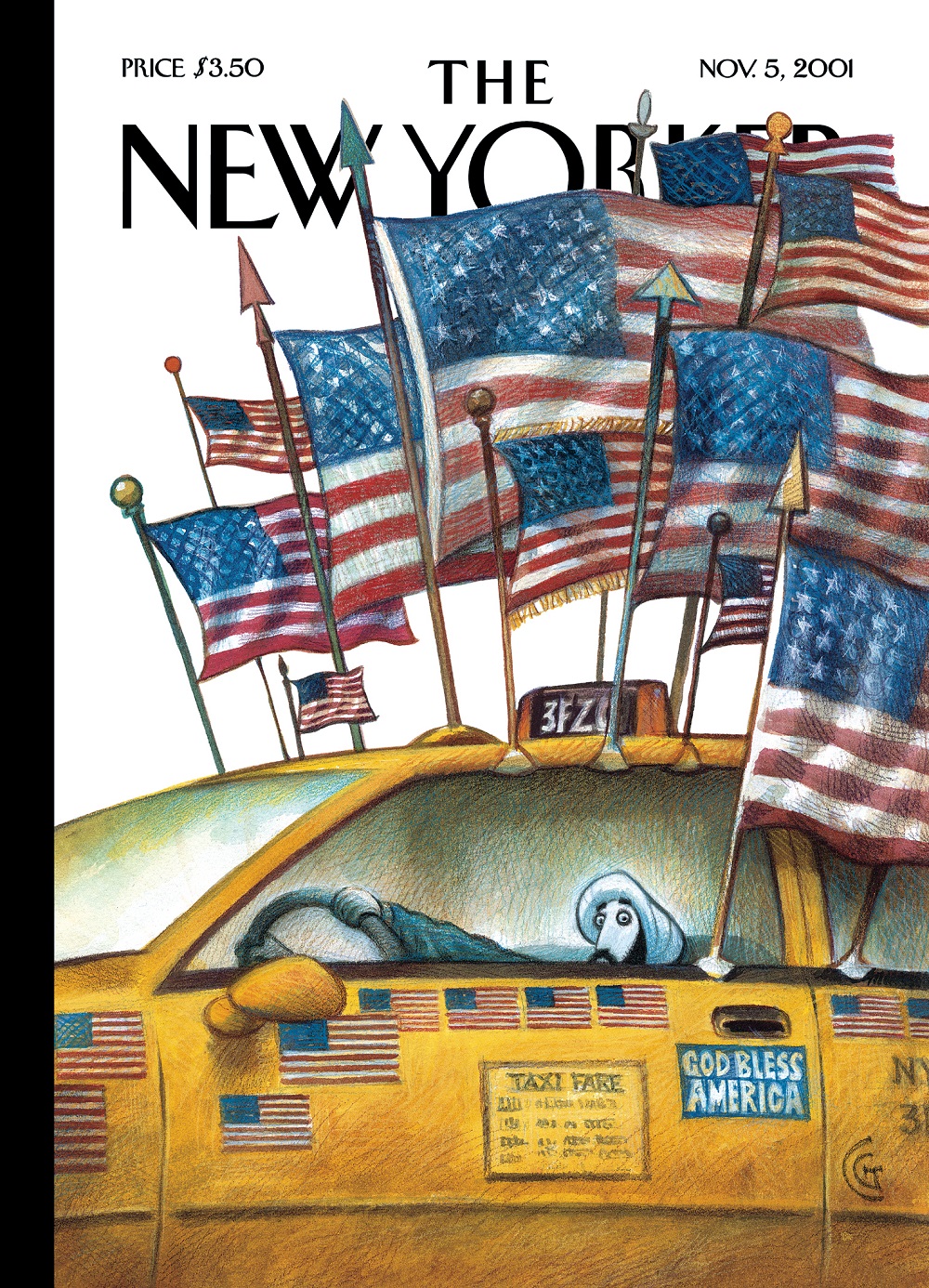 An illustrated cover of the New Yorker magazine depicts a yellow cab driver with a head covering peering out his window while gripping the steering wheel. His cab is covered in American flag decals and a God Bless America sticker. Nearly a dozen more American flags attached to the cab are waving in the wind.