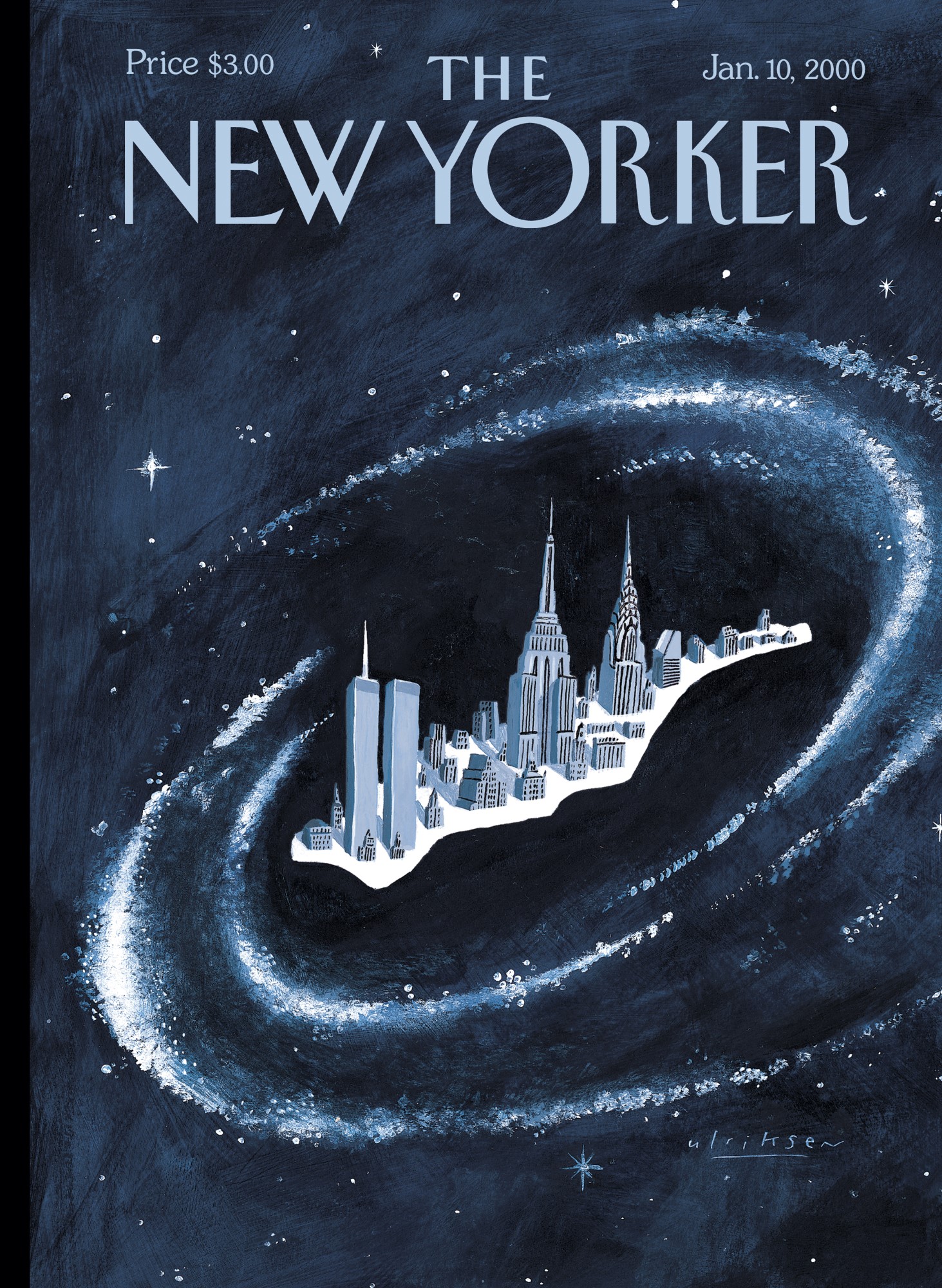 An illustrated cover of the New Yorker magazine depicts a miniature Manhattan island floating in a spiral galaxy. The World Trade Center, the Empire State Building, and the Chrysler Building stand out among shorter buildings. The galaxy is surrounded by white stars and navy-colored outer space.