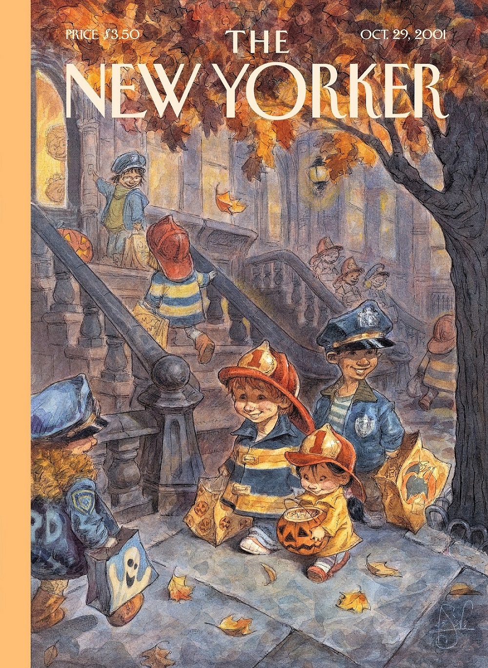 An illustrated cover of the New Yorker magazine depicts children trick-or-treating at a brownstone on an autumn day. The children are all dressed as firefighters or police officers and are carrying Halloween-themed buckets and bags.