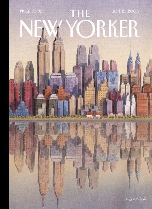 The illustration “Twin Towers” by artist Gürbüz Doğan Ekşioğlu was published on the cover of The New Yorker in 2003 and pays tribute to the Twin Towers by showing an imagined New York City skyline where iconic buildings are appear twice, side by side, in an homage to the Twin Towers, which were destroyed on 9/11.