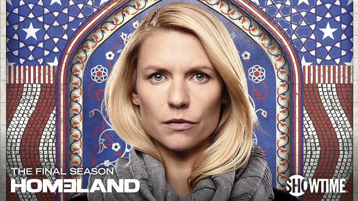 A promotional image from the TV show "Homeland." The actress Claire Danes appears in the center with a steely expression before a mosaic reminiscent of an American flag.