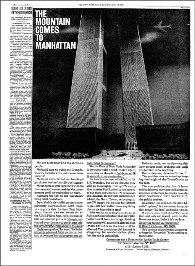 Newspaper page with large image of Twin Towers dominating a black sky and a small plane flying towards the buildings. A quote on the upperleft corner of the image reads: "The Mountain Comes to Manhattan" is written in white.