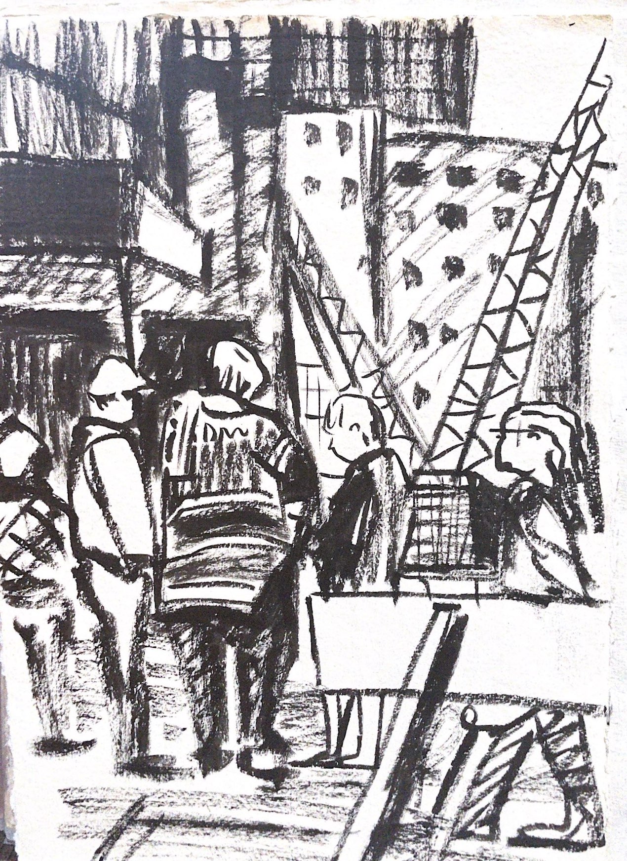 Ink drawing shows rescue and recovery efforts at Ground Zero