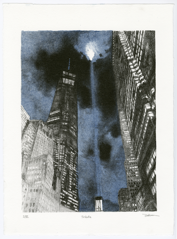 Lithograph print of the new World Trade Center standing against a dark but moonlit sky
