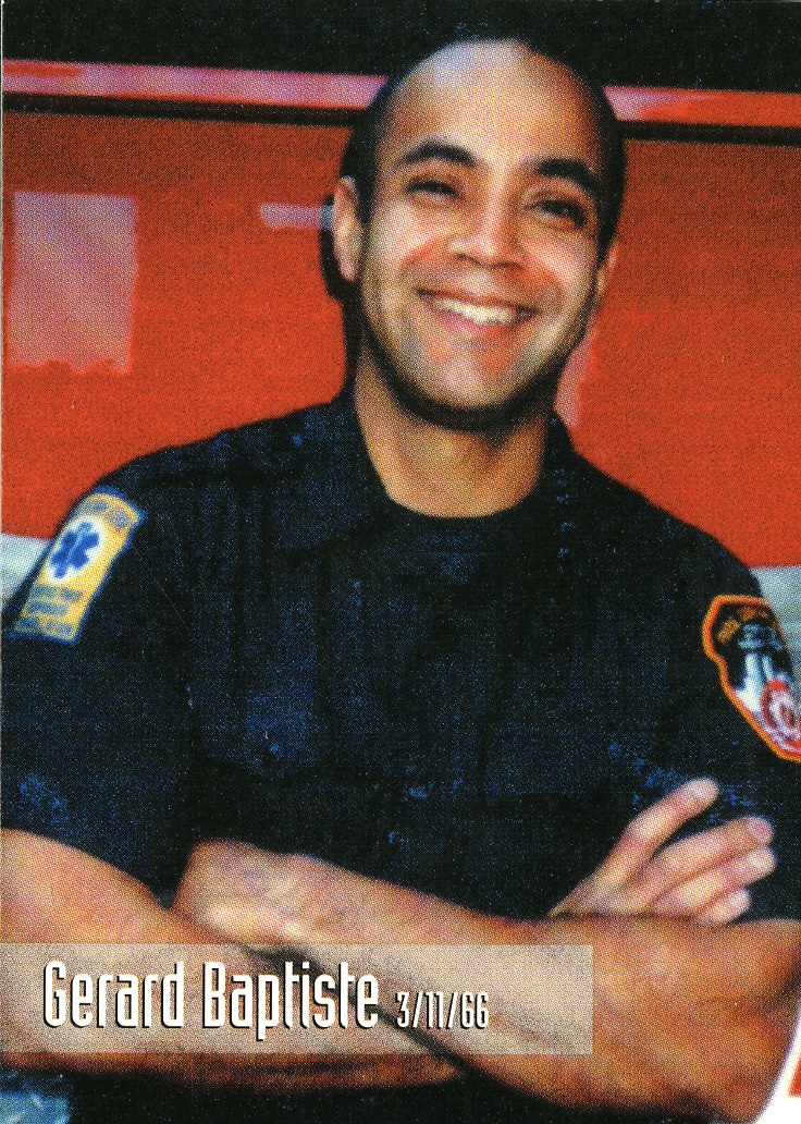 A smiling firefighter in navy blue uniform stands against a red background