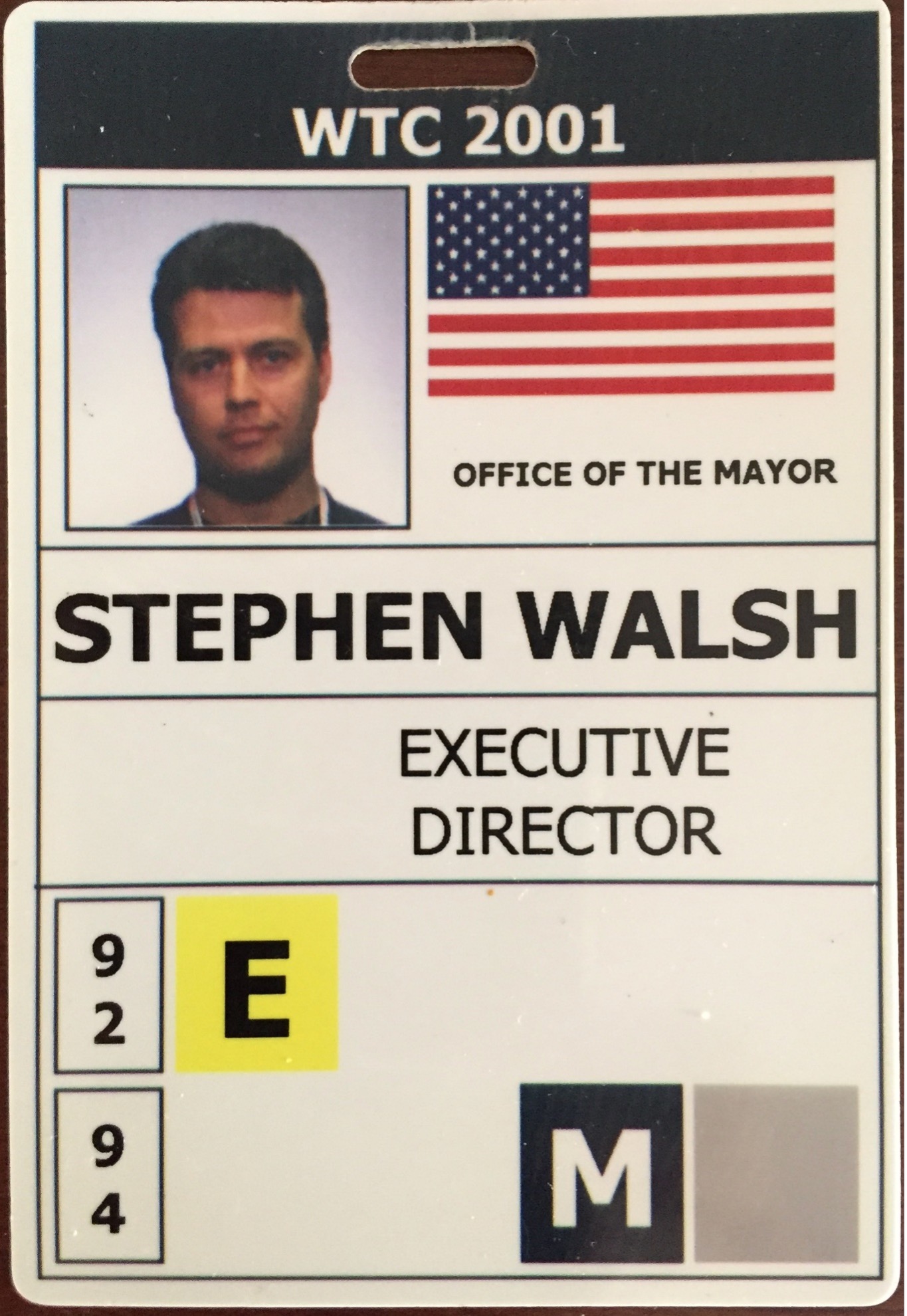 A World Trade Center ID card labeled "Mayor's Office," with the American flag and a photo of Stephen Walsh at the top