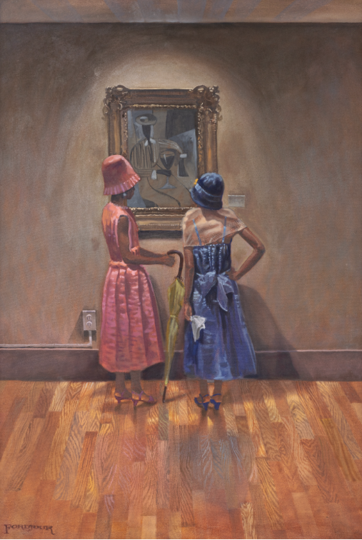 Artist's rendering of two young women, one in a pink dress and one in a purple dress, shown from the back, looking at a painting that is shrouded in a halo of light.