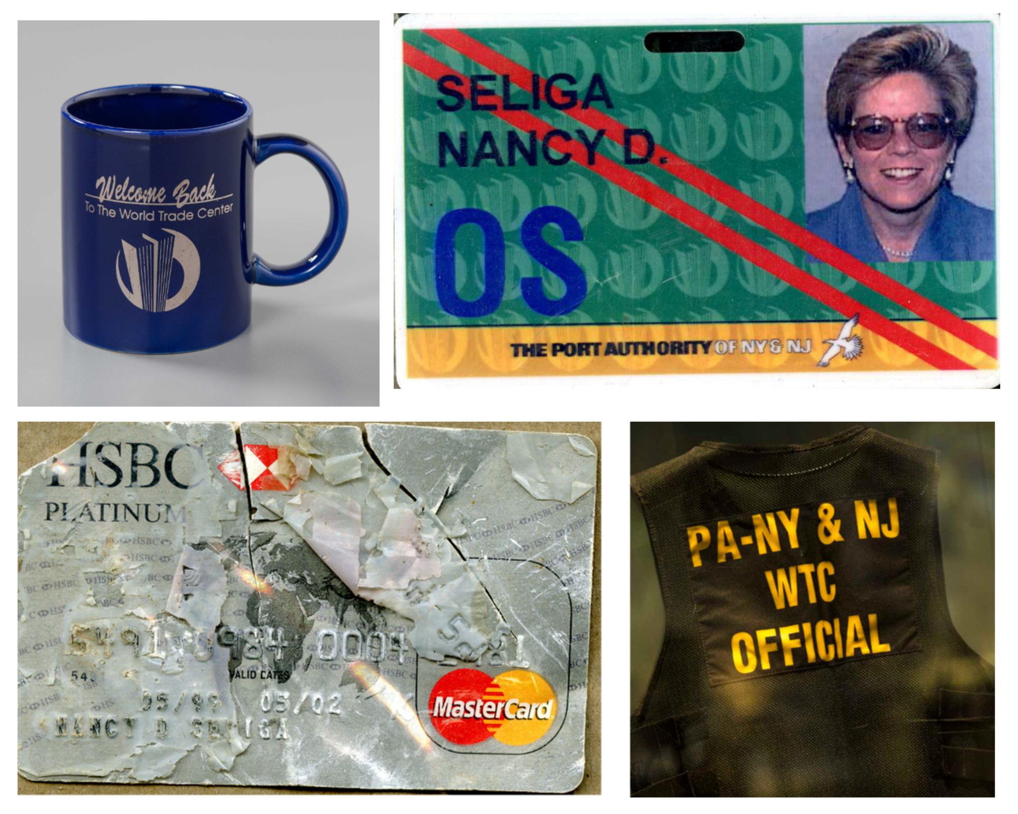 Blue and gold "Welcome Back" mug; Nancy Seliga's building ID; Port Authority safety vest; Seliga's damaged Mastercard, returned to her after 9/11