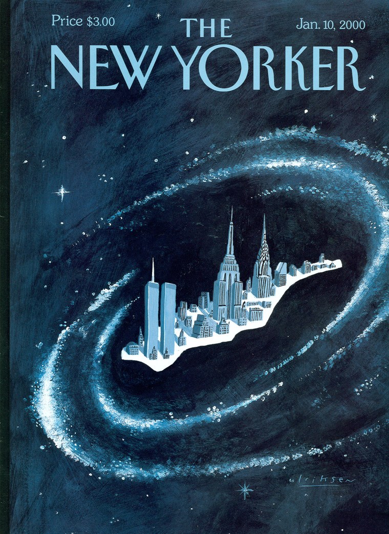 An illustrated cover of the New Yorker magazine depicts a miniature Manhattan island floating in a spiral galaxy. The World Trade Center, the Empire State Building, and the Chrysler Building stand out among shorter buildings. The galaxy is surrounded by white stars and navy-colored outer space.