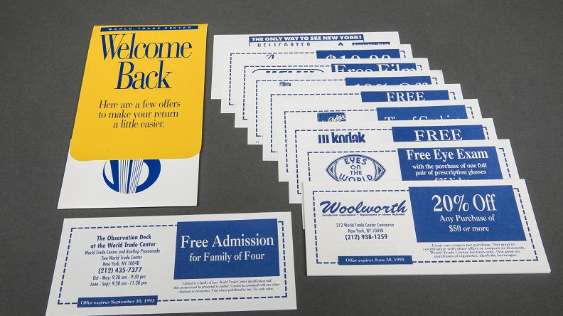 Blue yellow white welcome back brochure with overlapping blue-white coupons spread next to it.