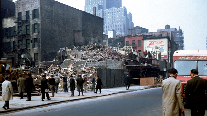 Buildings on Greenwich Street between Liberty and Cortlandt Streets being demolished, May 1967.