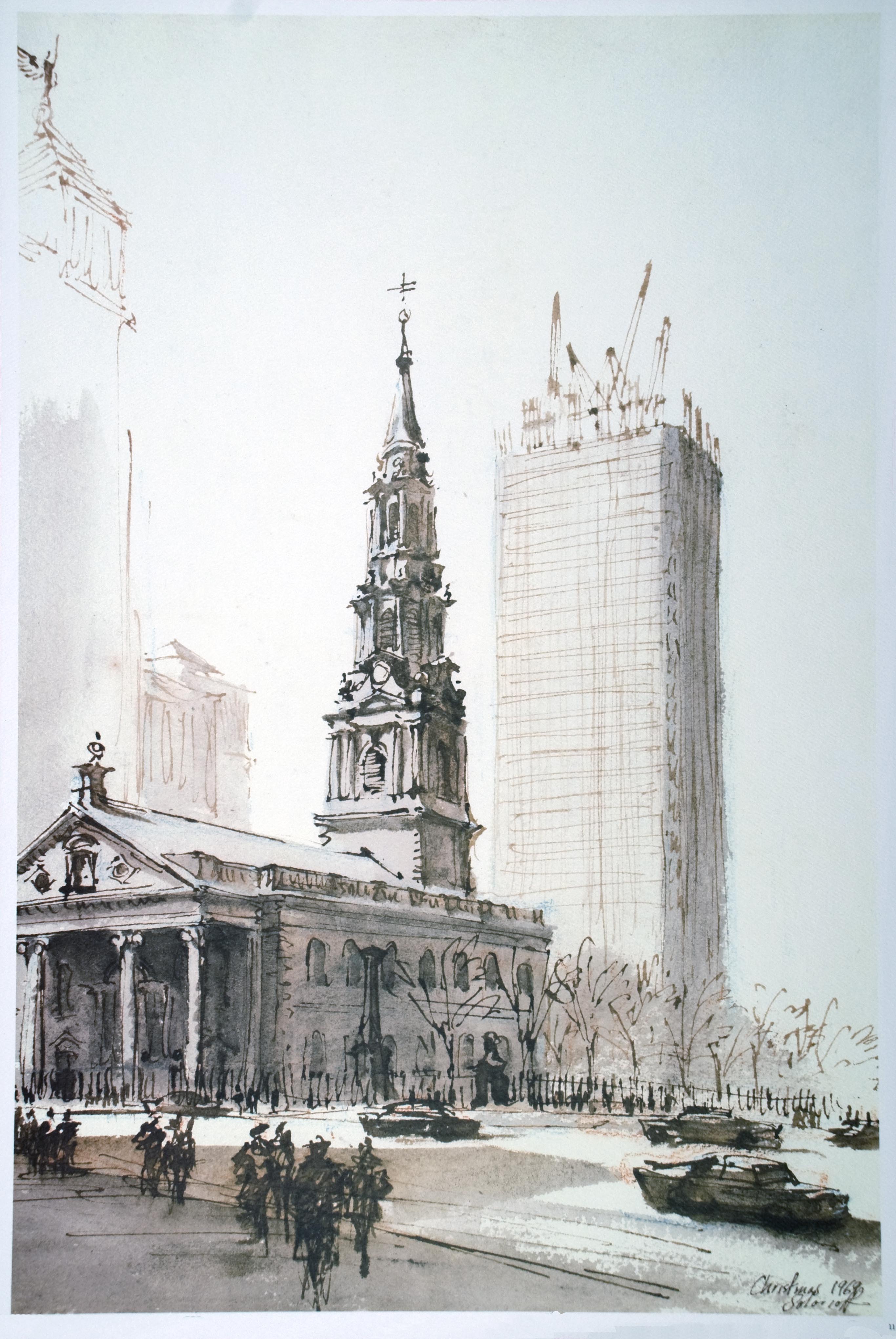 Print of illustration showing World Trade Center tower construction underway, with church in foreground