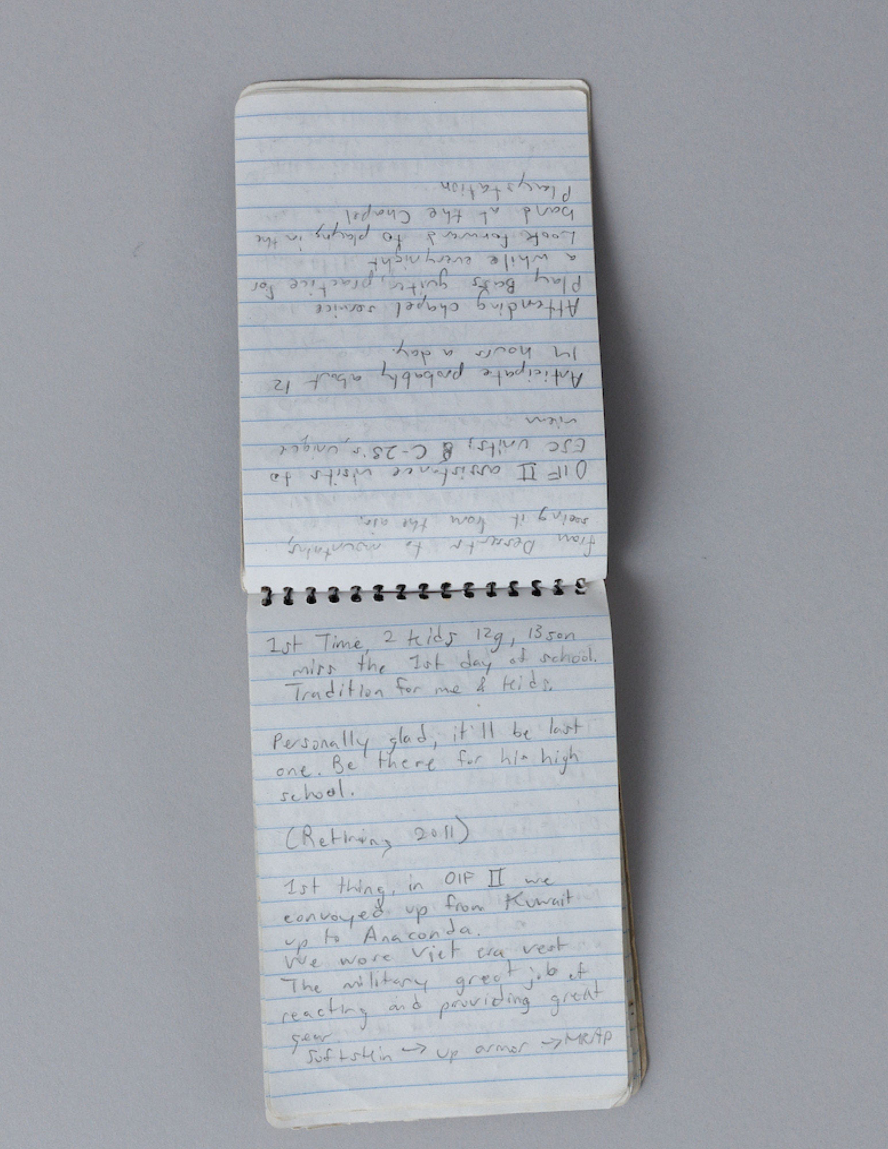 A vertically opened notepad with handwritten notes