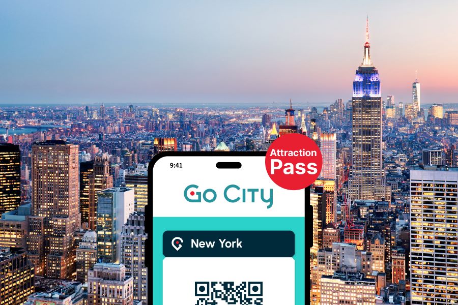 Phone showing Go City pass against New York City skyline