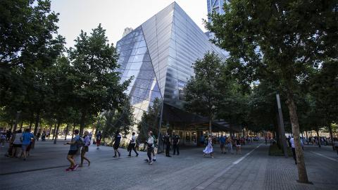 Dozens of people walk in the shade of oak trees outside the Museum Pavilion on a warm, sunny day.
