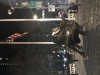 Charging Bull on quiet Wall Street at night