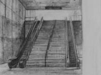 A drawing of steps with an escalator on each side leading to the Plaza Level