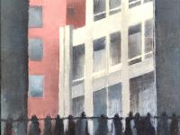 People lining up for the observation deck in front of huge window 1