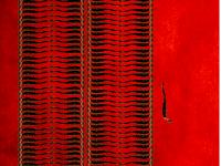 Image composed two vertical columns of stacked horizontal figures, left; and one inverted vertical "falling" figure to the right; deep red and black background.