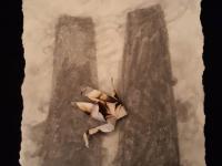 Scorched Peace Crane plummets from smoldering Twin Towers.