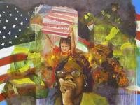 American flag, Twin Towers, fire, firefighters, child, woman grieving, 