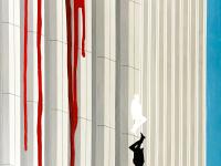 The Wound (La Blessure) 2021 by Michel R Lalonde, Visual Art - Designer  Triptych, 52” x 18’, Acrylic, mixed technics on Yupo paper mounted on wooden frame.  What is hiding in the message of that deadly fall of this man? What it’s meaning for us, the silences of those anonymous victims? What are they telling us? And why could we be quiet about it? We don’t forget seeing the horrific death-dealing “pantomime” live worldwide!  Here, I try and dare to give to that silence, a voice. A voice to the wounded doves