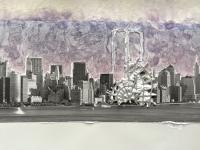 A collage of the New York City skyline with the Twin Tower absent but outlined in white. Below the Towers is fan-shaped debris. The background is shades of purple.