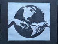 hands from sistine chapel in front of planet earth