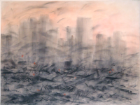 Sketchy painting of gray buildings and devastated World Trade area with and sunset sky, and little orange red dots that represent the helpers in their orange vests, so tiny in the huge scene.