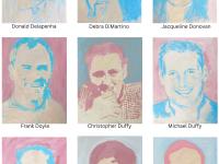 I painted 67 portraits—one for each coworker lost on September 11, 2001. We worked at Keefe, Bruyette & Woods on the 88th and 89th floors of Two World Trade Center (the South Tower). This image shows the second group of the alphabetized series, Portraits 10–18: Donald Delapenha, Debra DiMartino, Jacqueline Donovan, Frank Doyle, Christopher Duffy, Michael Duffy, Dean Eberling, Bradley Fetchet, and Jeffrey Fox.