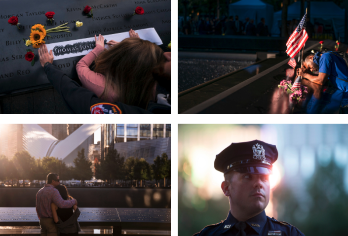 Top left: a child  makes an imprint of a name on the Memorial. Top right: a man rests his head on the Memorial, with an American flag to his left. Bottom left: Back view of a couple looking at the Memorial, with the Oculus in the background. Bottom right: A uniformed police officer looks solemnly into the distance.  
