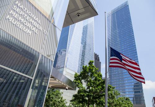 Museum exterior with American flag in foreground