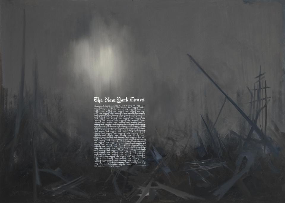 spotlight on a dark painted background, newspaper headlines with digging written repeatedly beneath in a paragraph