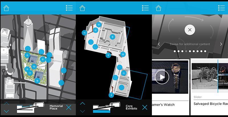 A screenshot of the Explore 9/11 phone app shows three-dimensional maps of the Memorial and Museum, as well as information about artifacts on view, including a watch and bicycle rack. 