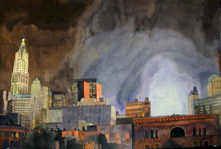 The watercolor painting “September Skyline” by Todd Stone shows lower Manhattan at night as smoke rises from Ground Zero. The Woolworth Building and other buildings stand to the left.