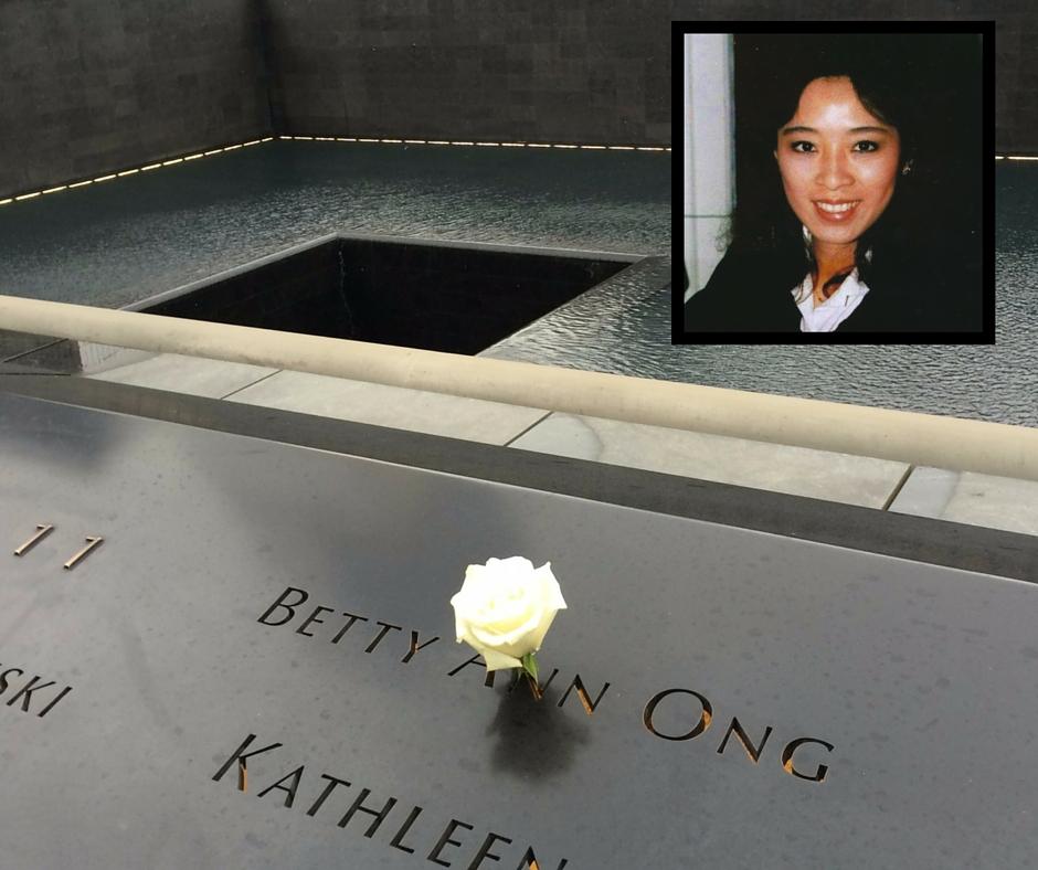 A white rose has been placed at the name of Betty Ong at the 9/11 Memorial. An inset features a portrait of Ong smiling.