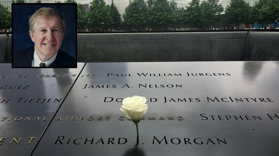 A white rose has been placed at the name of Richard Morgan on the 9/11 Memorial for his birthday. An inset image of Morgan is seen to the upper left.