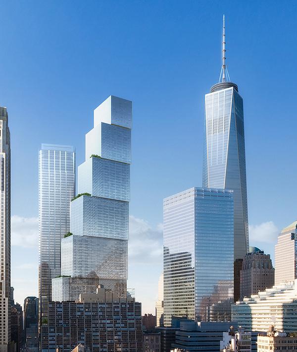 A rendering shows the future Two World Trade Center beside One World Trade Center.