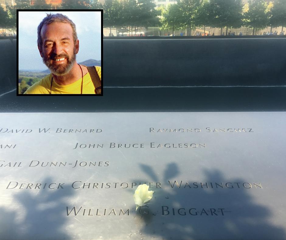 A white birthday rose has been placed at the time of William Biggart at the 9/11 Memorial. An inset photo of Biggart is at the left.