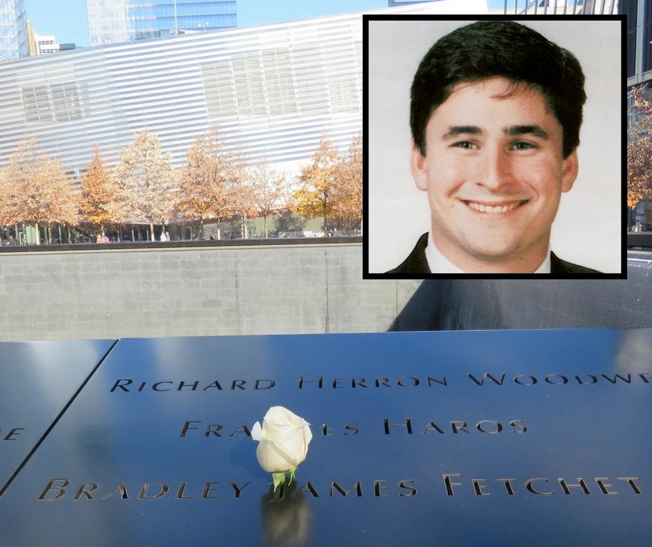 A white rose has been placed at the name of Bradley Fetchet on the 9/11 Memorial for his birthday. An inset photo shows Fetchet smiling.