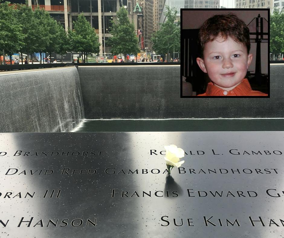 A white rose has been placed at the name of 3-year-old victim David Reed Gamboa on the 9/11 Memorial. An inset image of Gamboa is to the right of the white rose.