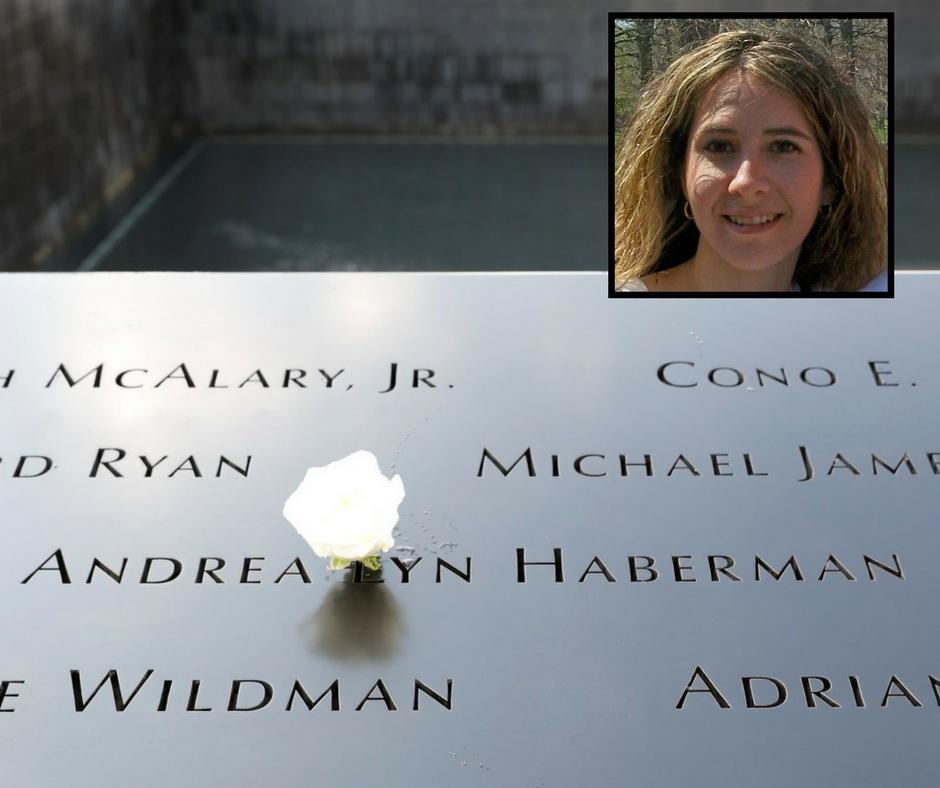 A white rose has been placed at the name of Andrea Haberman on a bronze parapet at the Memorial. An inset image shows Haberman smiling for a photo.