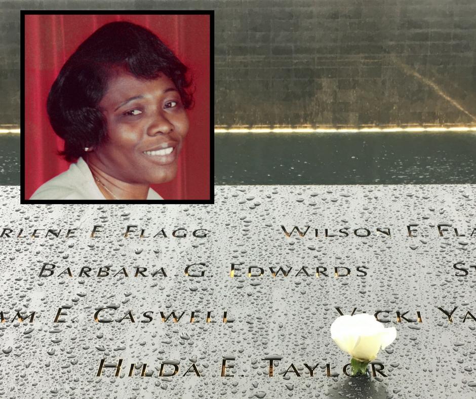 A white rose has been placed at Hilda Taylor’s name on a bronze parapet at Memorial plaza. An inset image is an old photograph of Taylor.